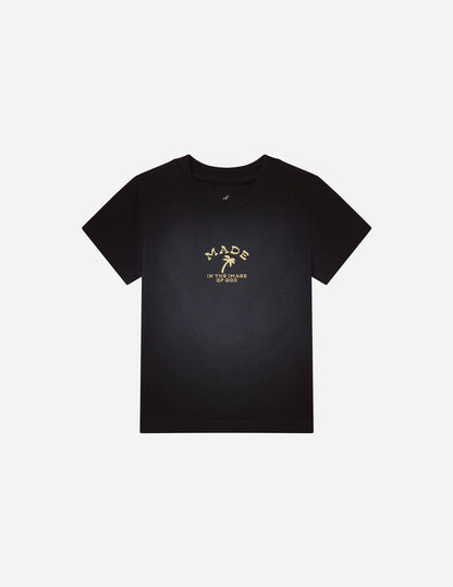 Kids T-shirt by Elevated Faith featuring the "Made in the Image of God" design, with colorful text on soft fabric.