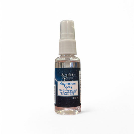 Soaplicity magnesium oil spray bottle for sleep aid and muscle recovery, with a white background.