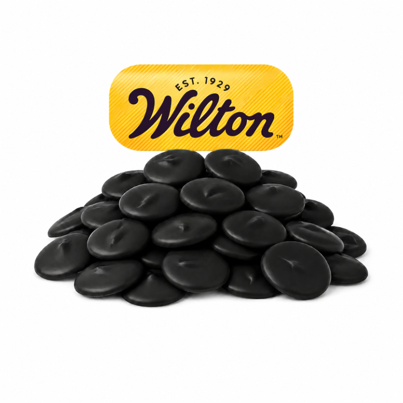 Wilton black chocolate confectionery melting wafers from Candy In Bulk in a large bulk bag, ideal for candy making and coating.