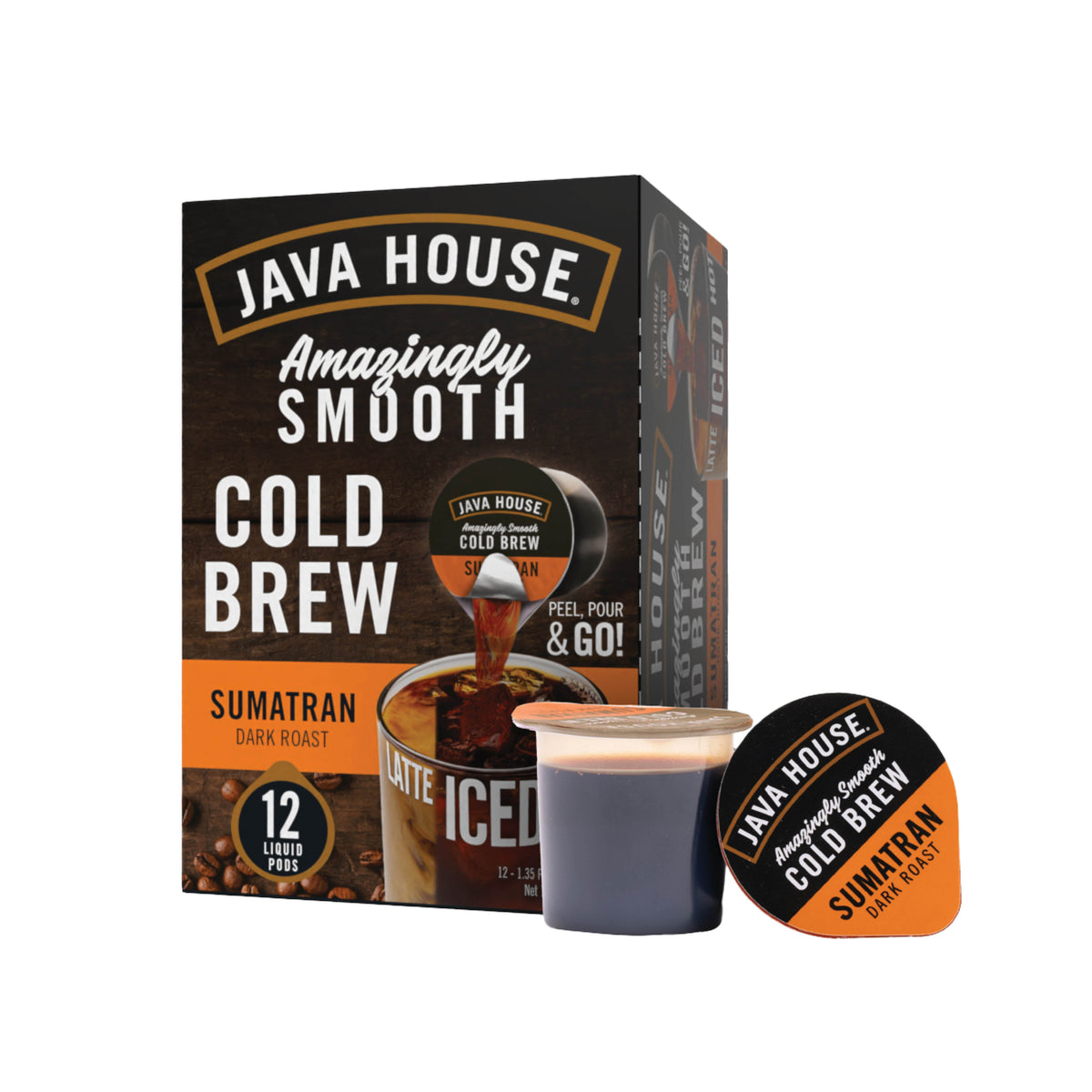 Java House Sumatran Cold Brew Coffee Pods on white background, showcasing the coffee pods with dark roasted beans.