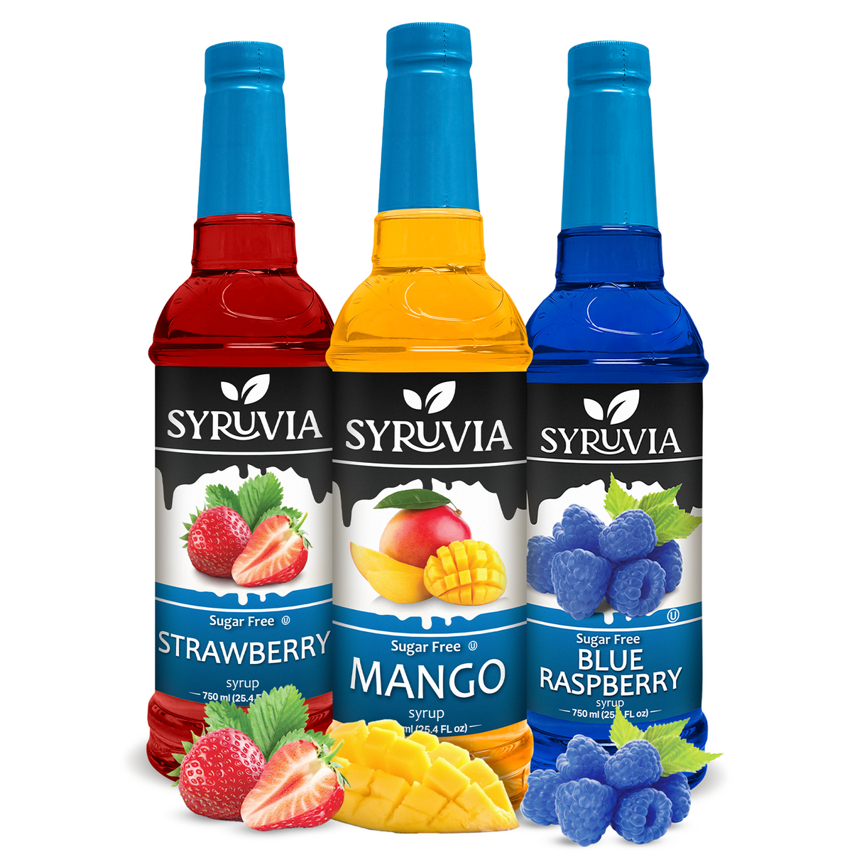 Bottle of Syruvia Sugar Free Summer Escape syrup with a bright label and a clear view of the product on a white background.