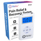 iReliev TENS Unit for pain relief and muscle recovery, showing handheld device with control screen and electrode pads.