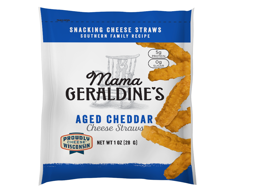 Single serve cheese straws snack from Mama Geraldine's, crispy and cheesy snack sticks in a convenient pack.