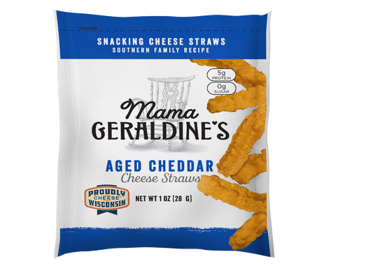 Single serve cheese straws snack from Mama Geraldine's, crispy and cheesy snack sticks in a convenient pack.