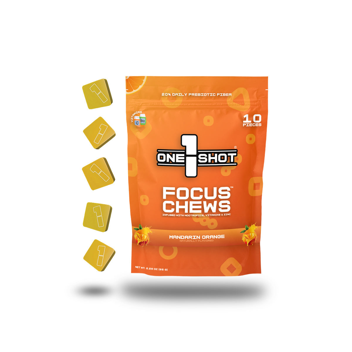Mandarin orange 1 Shot Energy Focus Chews Starter Variety Stack bundle in a clear plastic container.