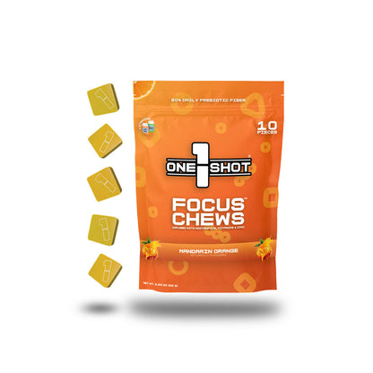 Mandarin orange 1 Shot Energy Focus Chews Starter Variety Stack bundle in a clear plastic container.