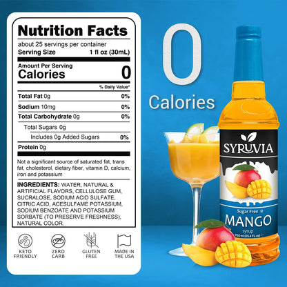 Bottle of Syruvia sugar-free mango syrup with a vibrant mango flavor profile and clear labeling on the front.