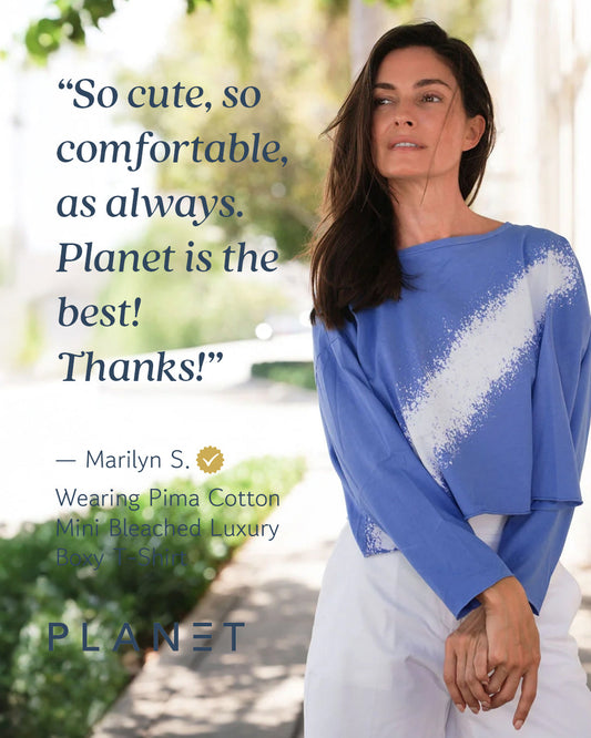 Marilyn wearing PLANET by Lauren G Pima Cotton Mini Bleached Lava T-Shirt, a boxy, luxury, bleached cotton T-shirt with a relaxed fit.
