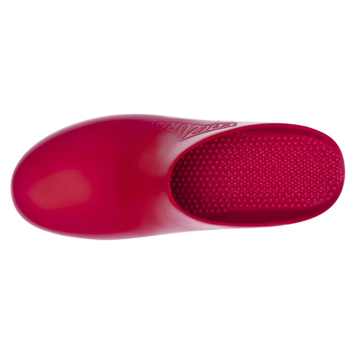 Maroon Calzuro Classic clogs without holes, showing a close-up of the smooth, durable footwear with a rounded toe design.