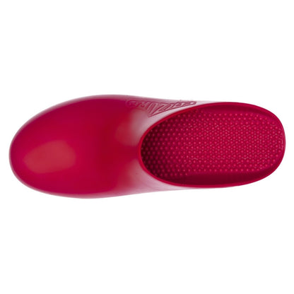 Maroon Calzuro Classic clogs without holes, showing a close-up of the smooth, durable footwear with a rounded toe design.