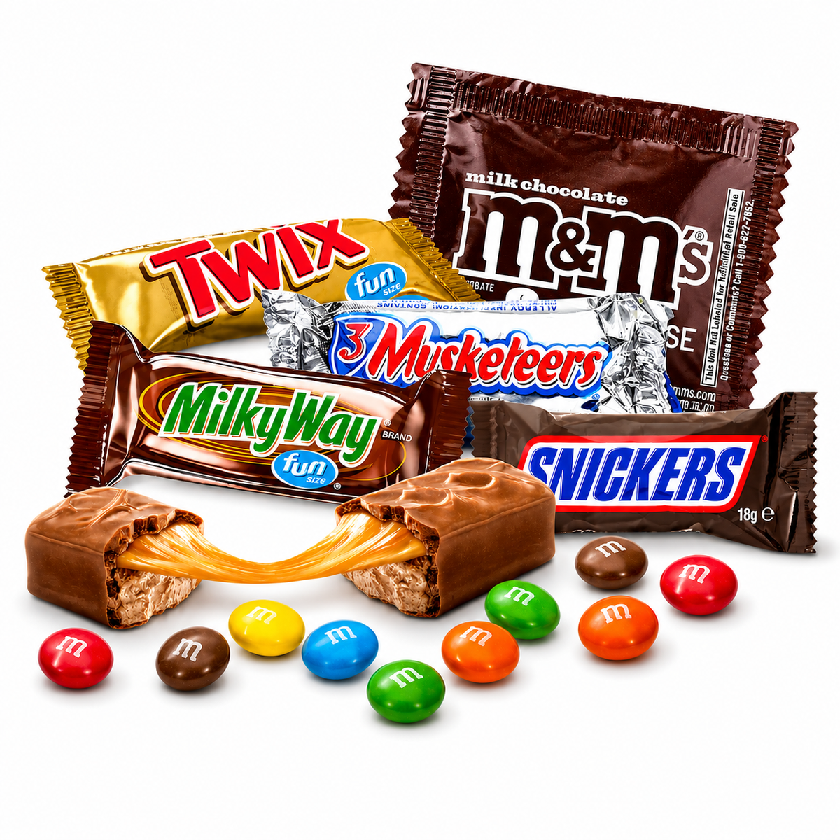 Assorted chocolate candies from Candy In Bulk including Snickers, Twix, Milky Way, M&M's, and 3 Musketeers in a large bulk bag.