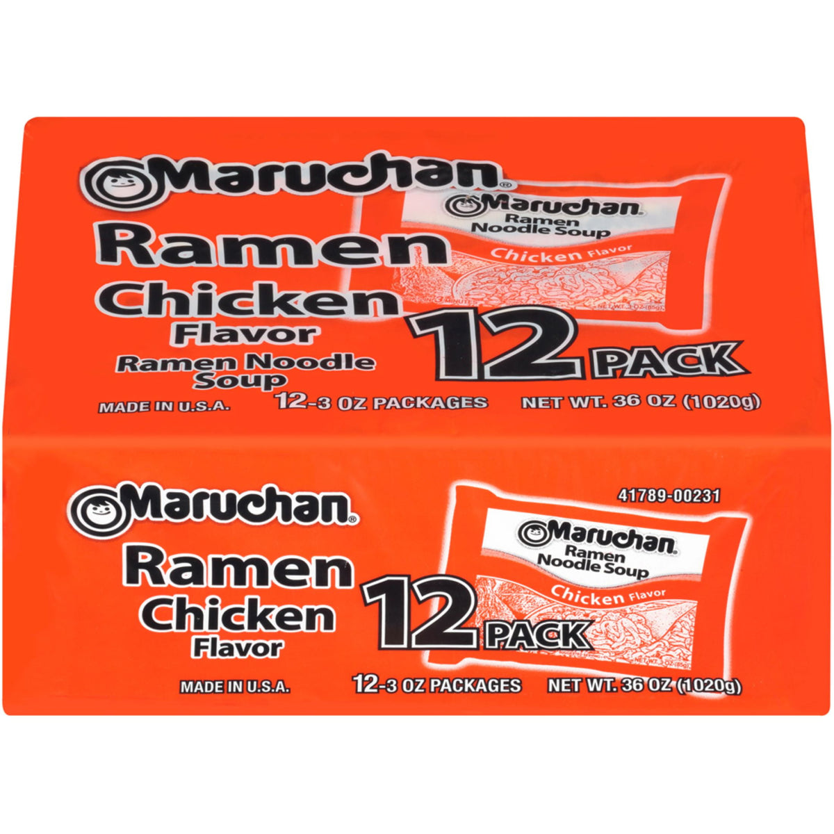 Pack of 12 BACKUPMYFILESNOW® Maruchan chicken flavor instant ramen noodles, 3 oz each, shelf-stable packaging.