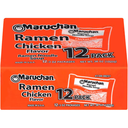 Pack of 12 BACKUPMYFILESNOW® Maruchan chicken flavor instant ramen noodles, 3 oz each, shelf-stable packaging.