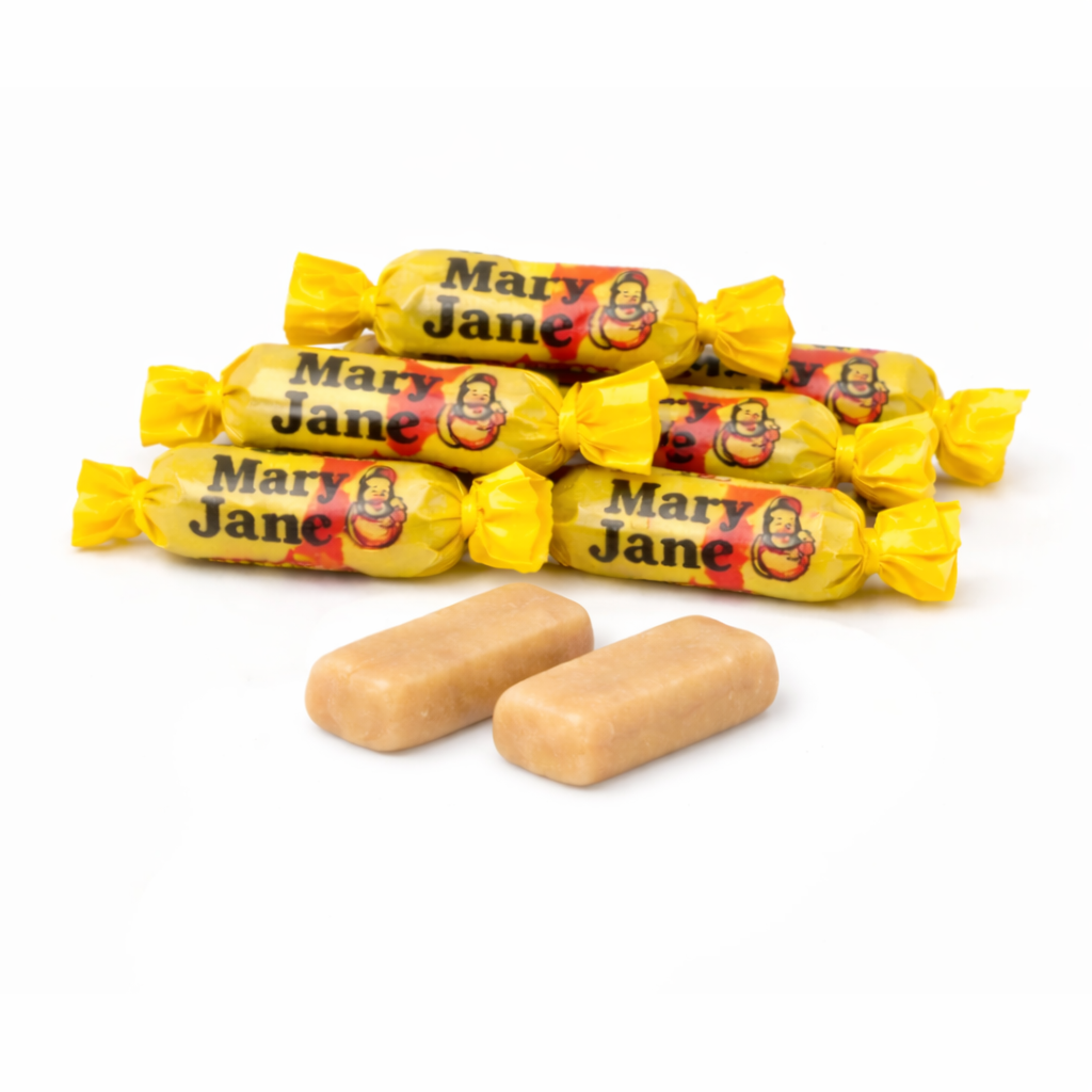 Mary Jane peanut butter candy bites in a bulk value bag, showing small round caramel and peanut butter candies from Candy In Bulk.