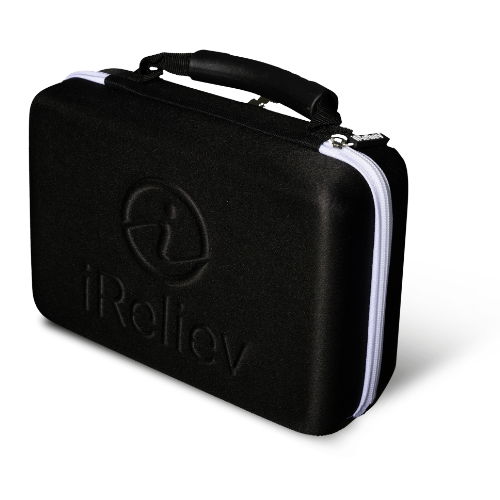 iReliev hard protective carry case for premium TENS and EMS device accessories, durable and compact for travel and storage.