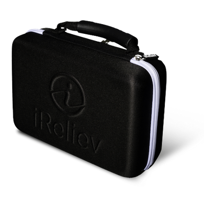 iReliev hard protective carry case for premium TENS and EMS device accessories, durable and compact for travel and storage.