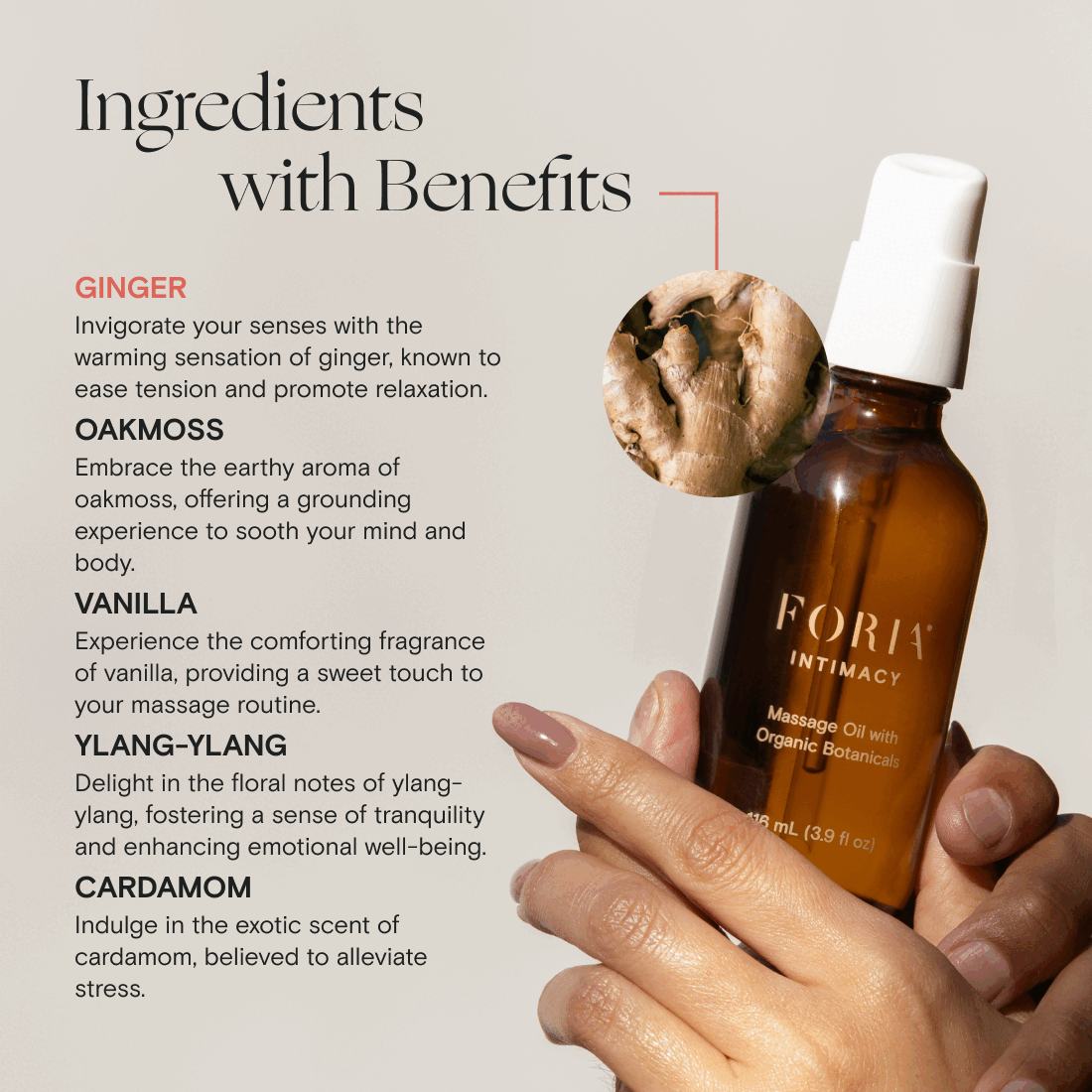 Foria massage oil with organic botanicals showing natural plant ingredients and a smooth, amber-colored oil in a glass bottle.