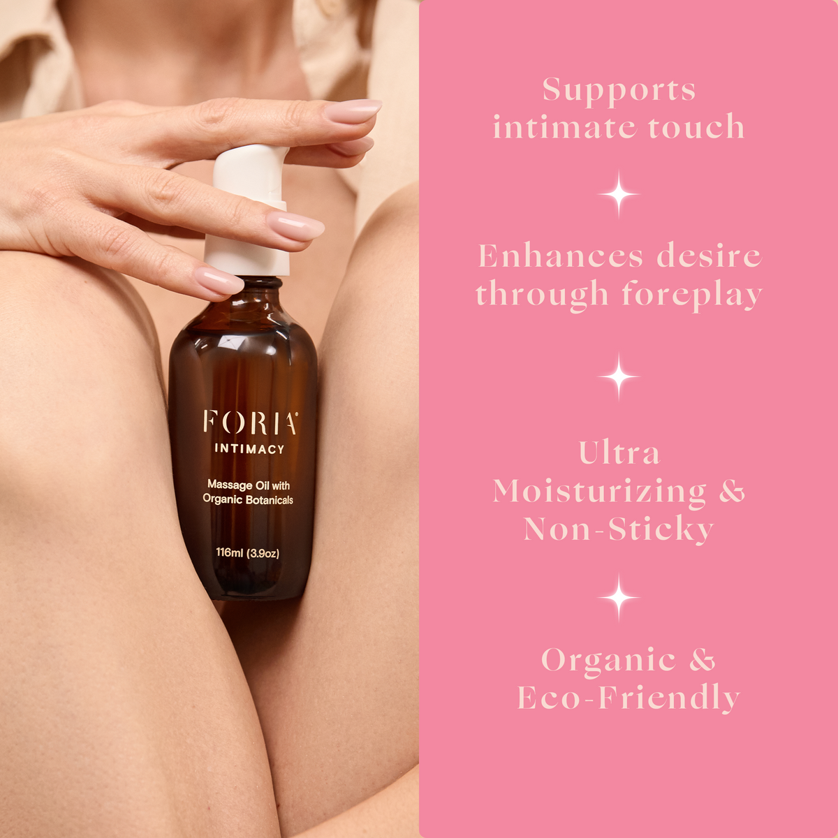 Foria massage oil with organic botanicals featuring a sleek bottle and botanical ingredients for relaxing skin massage.