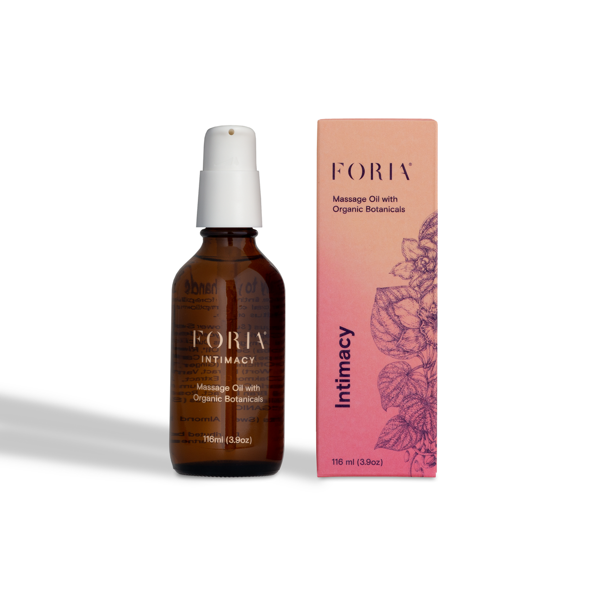 Foria massage oil with organic botanicals in a sleek bottle, showcasing the natural ingredients and smooth texture.