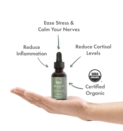 Foria De-Stress Blend oil tincture bottle with dropper, natural herbal ingredients, and calming label design.