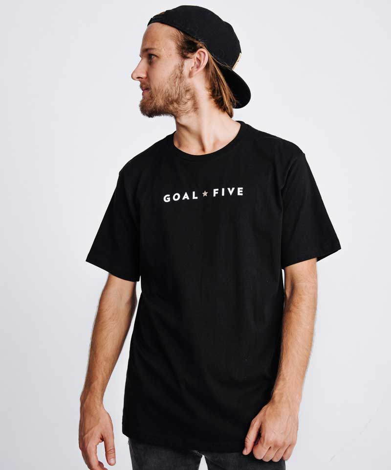 Black cotton men's T-shirt from Goal Five, casual lifestyle clothing, shown on a model.