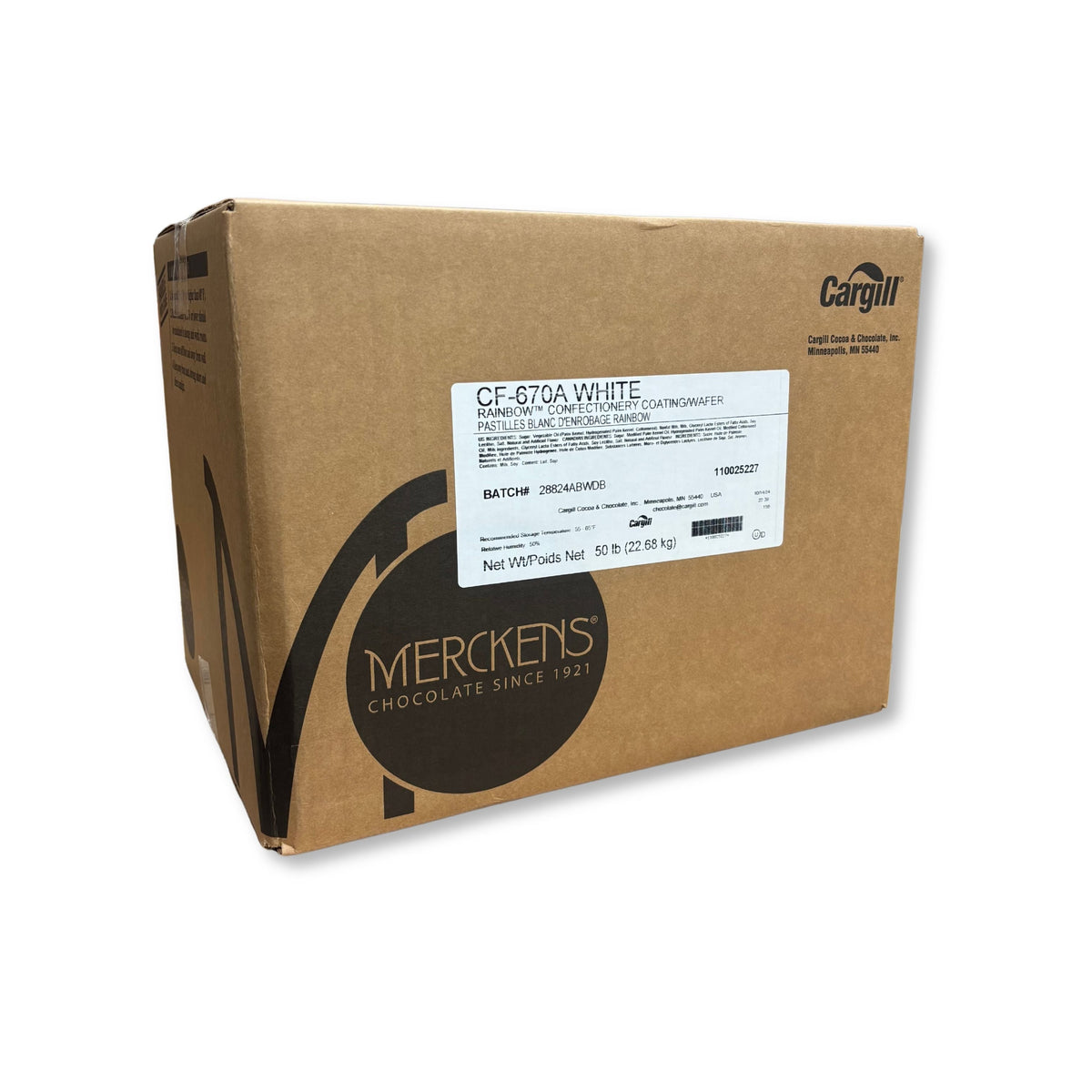 White vanilla-flavored Merckens chocolate coating and melting wafers in a bulk value bag by Candy In Bulk, shown in a box image.