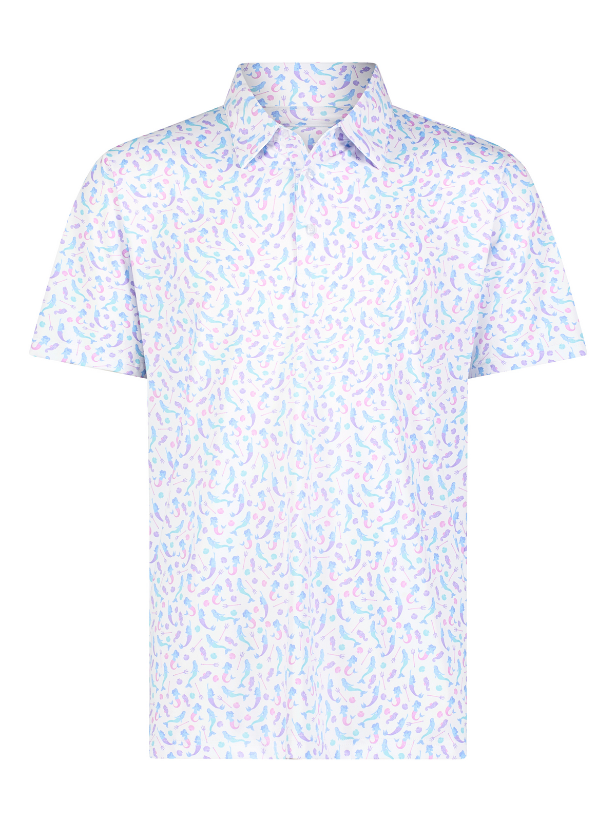 White Water Life Mermaid Polo, a colorful casual polo shirt featuring a mermaid design for women.