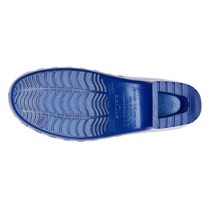 Calzuro Classic metallic blue clogs with smooth surface and sturdy sole, designed for comfort and durability in work environments.
