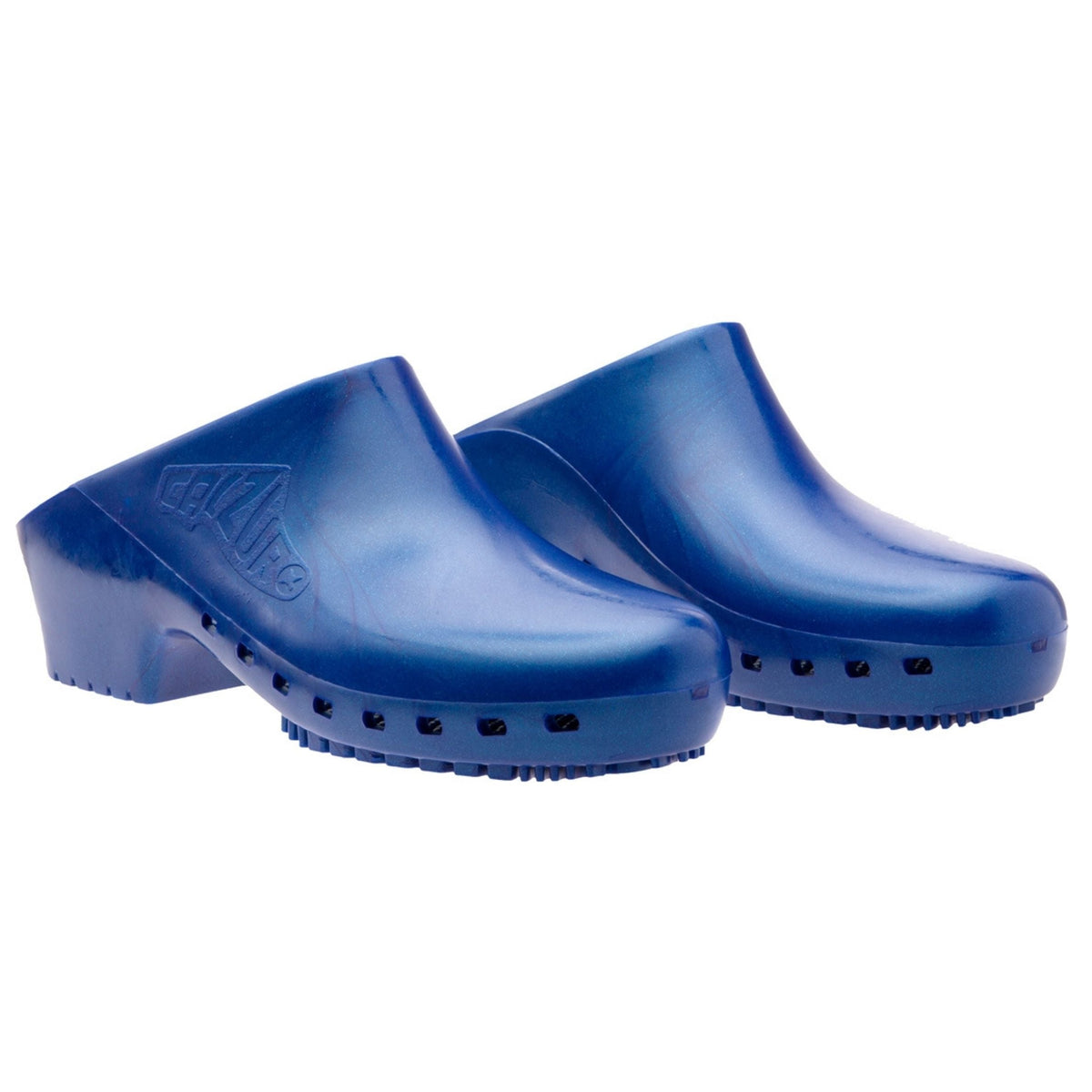 Calzuro Classic metallic blue clogs without holes, durable slip-on footwear for medical or professional use.