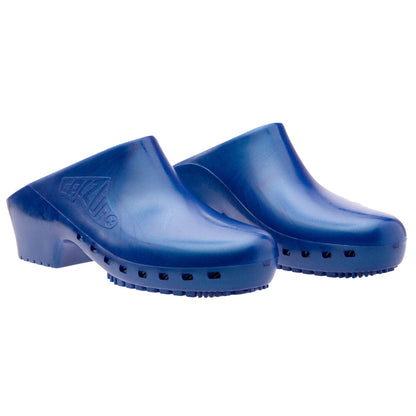 Calzuro Classic metallic blue clogs without holes, durable slip-on footwear for medical or professional use.