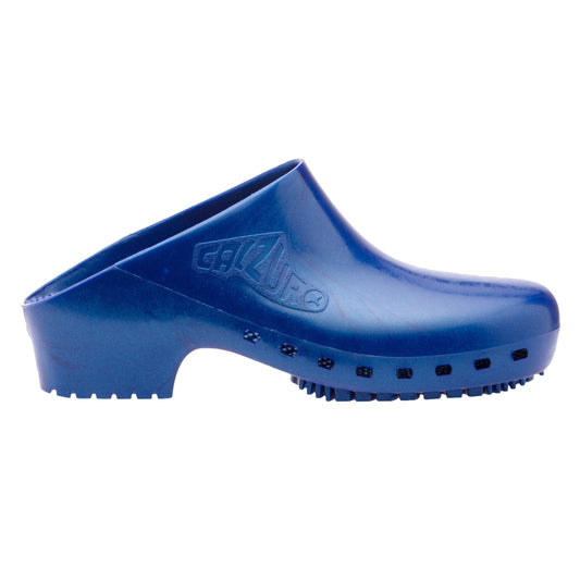 Calzuro Classic metallic blue clogs without holes, durable waterproof footwear for healthcare and industrial use