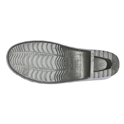 Calzuro Classic metallic grey clogs with slip-resistant soles, showing the textured bottom and stylish metallic finish.