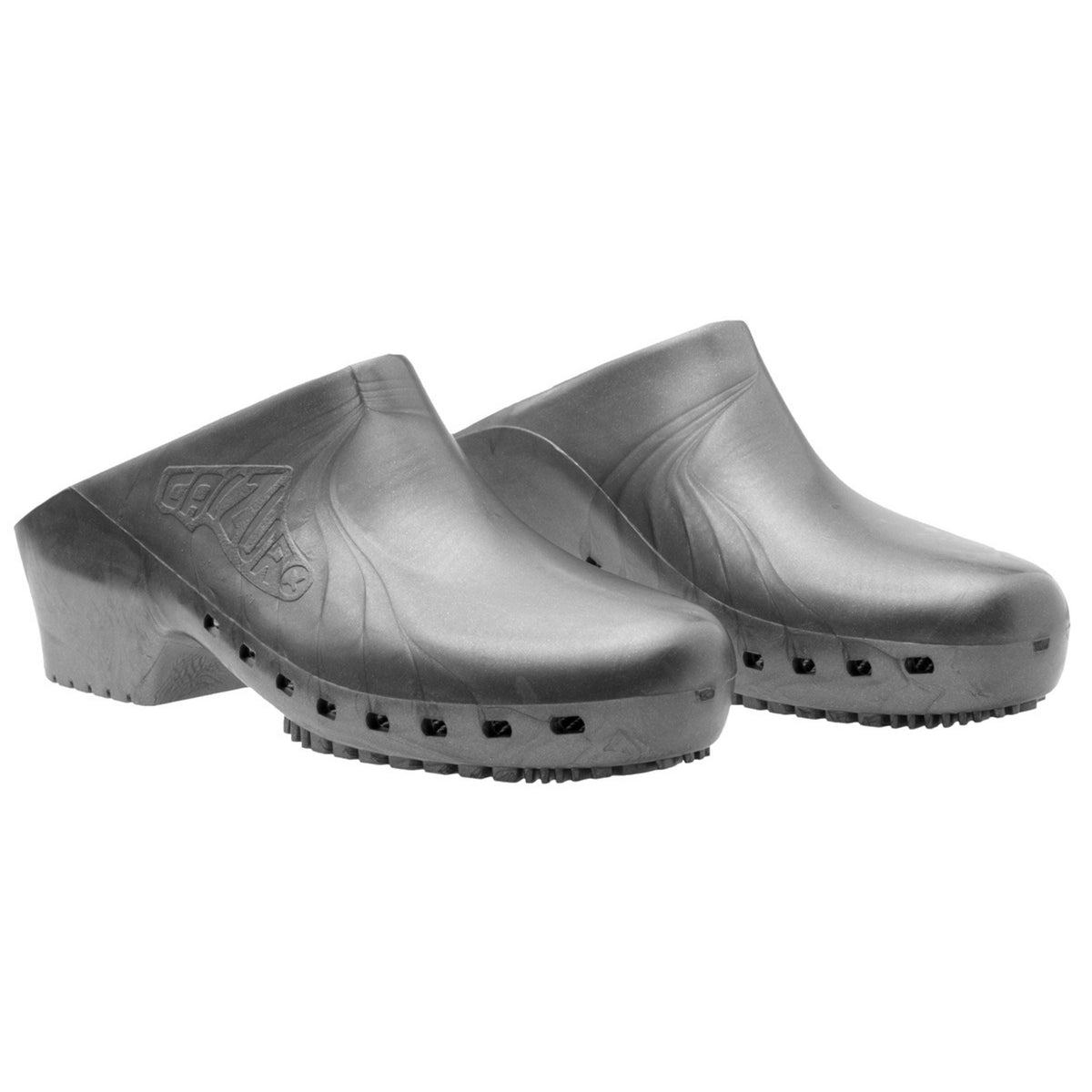 Calzuro Classic metallic grey clogs without holes, durable medical footwear with a smooth, shiny finish and slip-resistant sole.