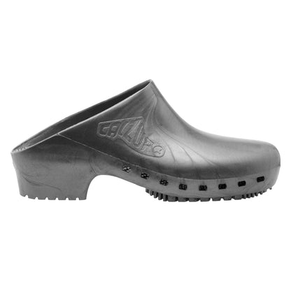 Metallic grey Calzuro Classic clogs without holes, featuring a smooth, durable slip-on design and comfortable footbed.