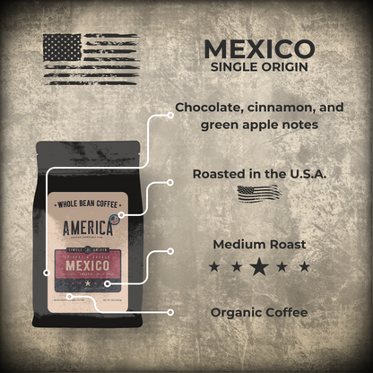 Single origin Mexico coffee from America Supply Company LLC, featuring fresh beans and rich, earthy tones.