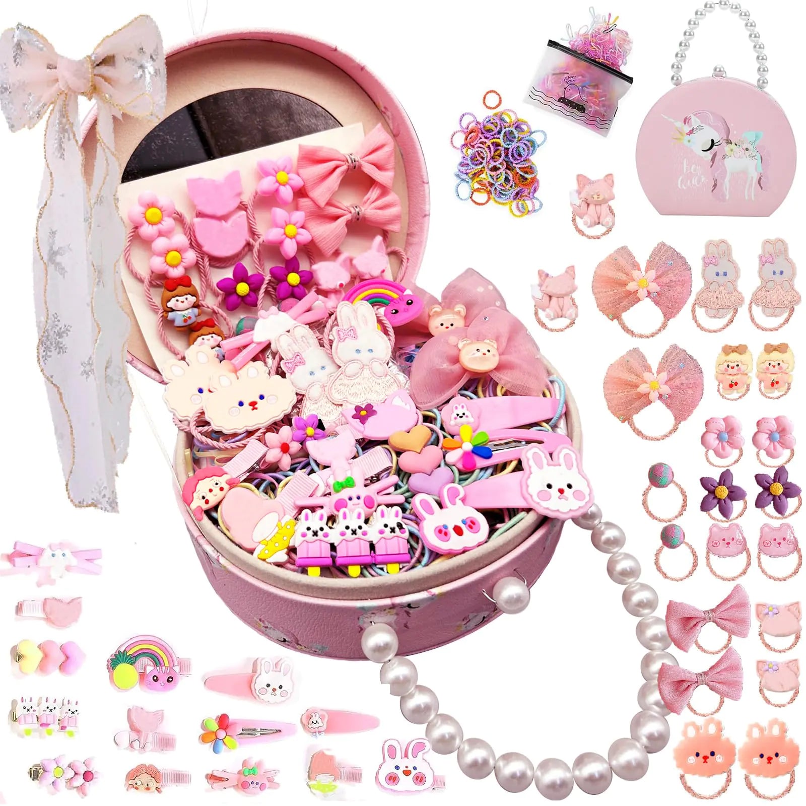 PLIOPYIK Girls Hair Accessories SetGirls Hair Kit Jewelry Box Including Hair Clips Hair TiesHair BarrettesHair Bow (Unicorn Pink)