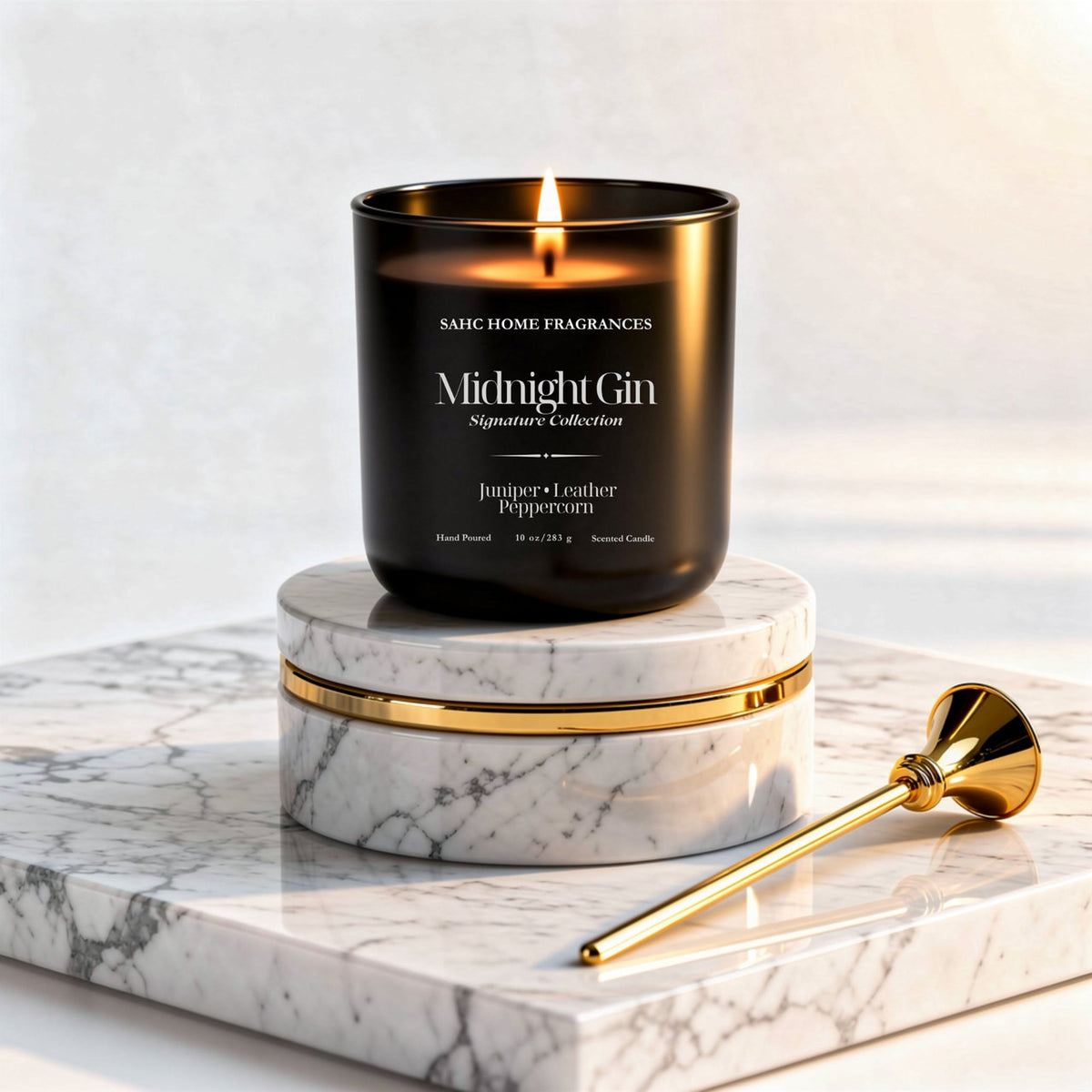 Luxury Midnight Gin fragrance candle by BACKUPMYFILESNOW® with elegant packaging and a sleek, dark-colored candle design.