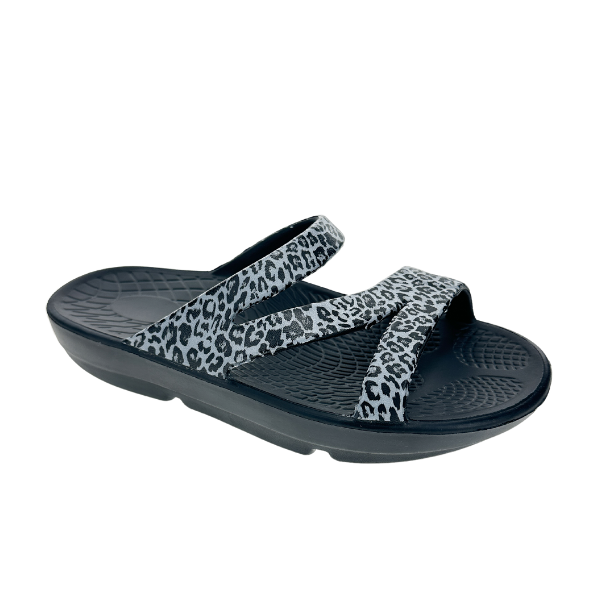 Women's Sovella Active Recovery Sandals by Lucky Feet Shoes featuring black and leopard PF slide design.