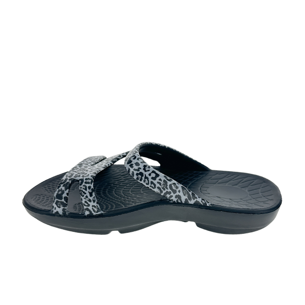 Women's Sovella Active Recovery Sandals by Lucky Feet Shoes, black slides with leopard print straps, designed for comfort and recovery.