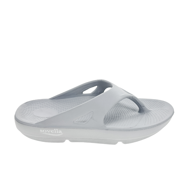 Light grey Sovella Active Recovery Women's PF Thong sandals from Lucky Feet Shoes, featuring cushioned sole and ergonomic design.