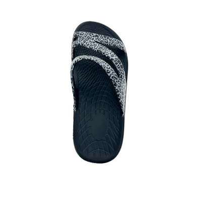 Women's Sovella Active Recovery Sandals by Lucky Feet Shoes in black with leopard print straps, featuring a cushioned slide design.