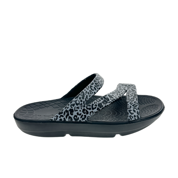 Lucky Feet Shoes Sovella Active Recovery Women's PF Slide sandals in black with leopard print straps, designed for comfort and recovery.