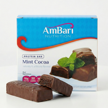 AmBari Nutrition Mint Cocoa Bar showing a chocolate-coated mint-flavored protein bar with a mint leaf garnish