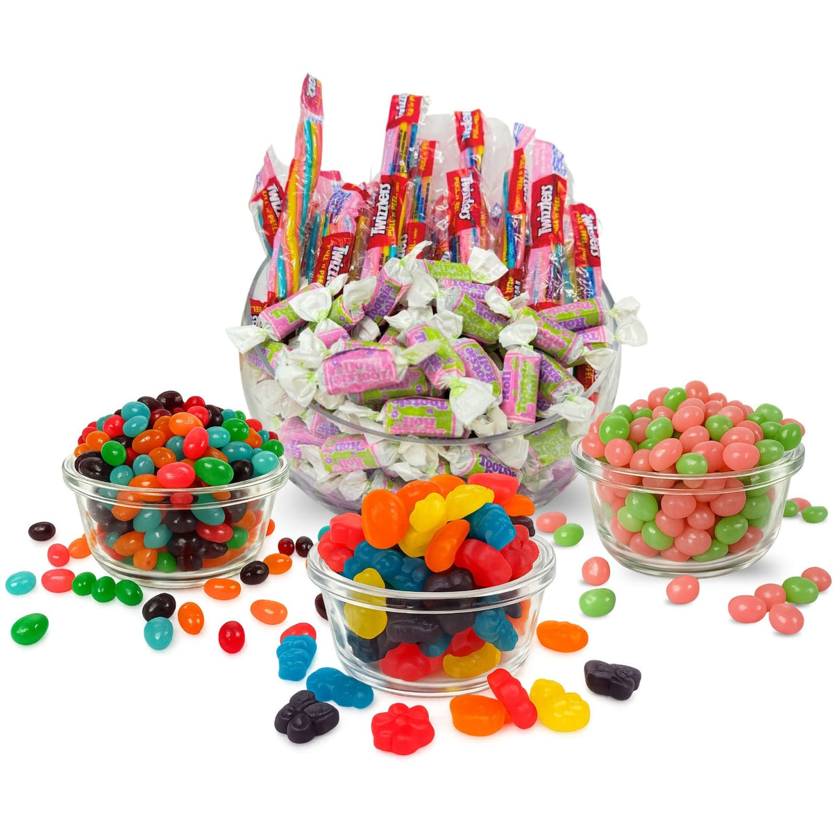 Assorted fruity Easter candy mix with gummies, jelly beans, and chewy candies from Candy In Bulk on a white background.