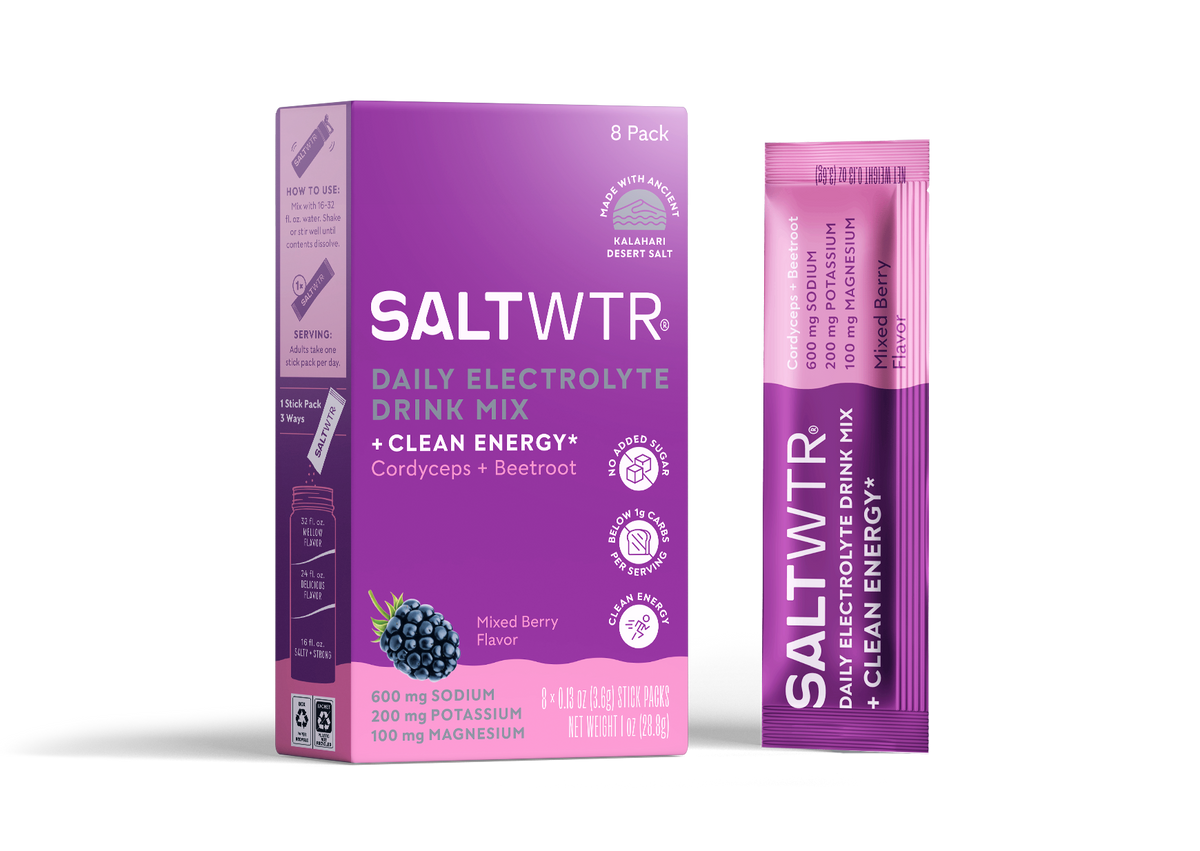 SaltWTR Mixed Berry Clean Energy saltwater beverage pack, featuring vibrant mixed berry flavor in a transparent container.