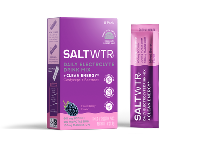 SaltWTR Mixed Berry Clean Energy saltwater beverage pack, featuring vibrant mixed berry flavor in a transparent container.
