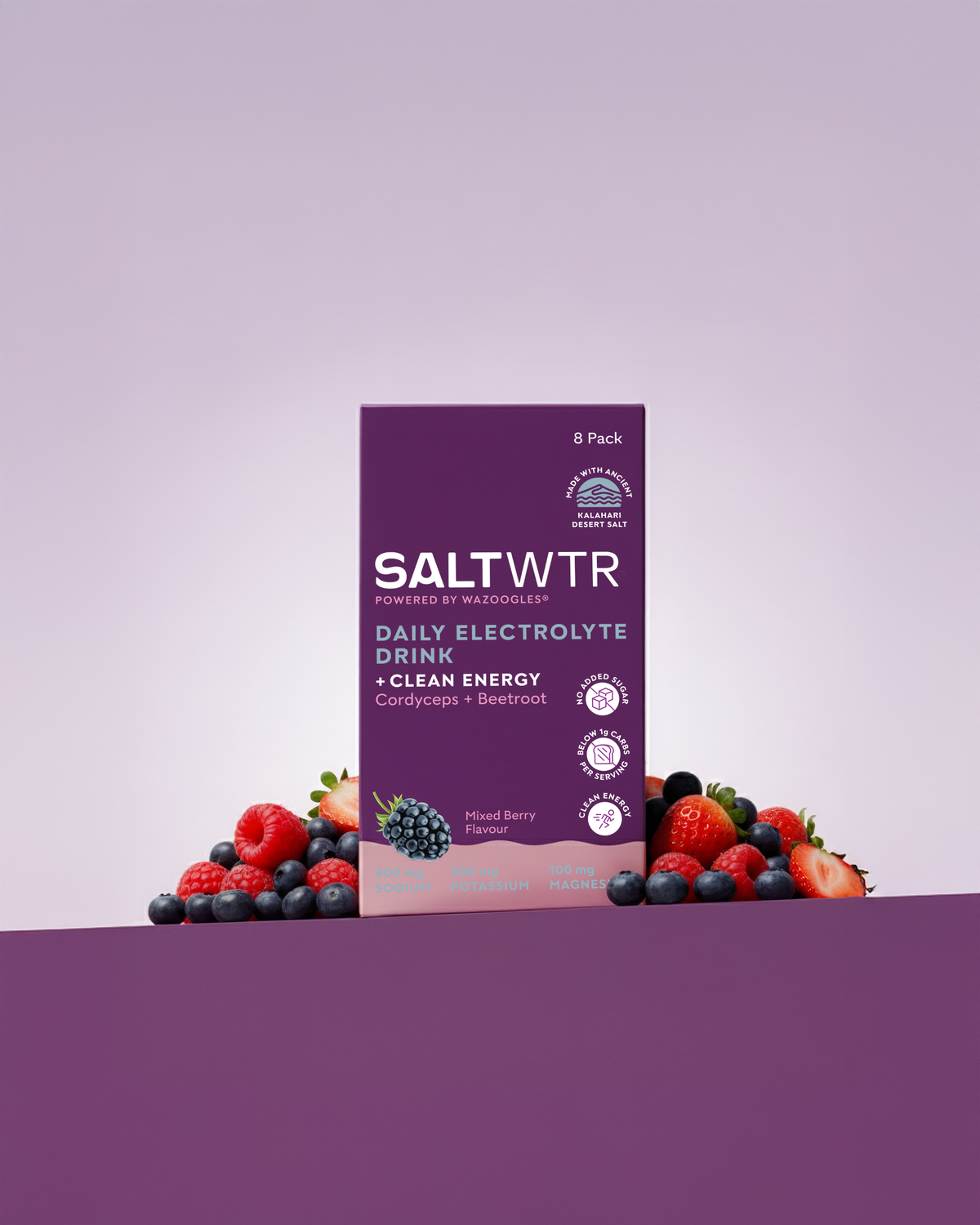 SaltWTR Mixed Berry Clean Energy SaltWTR in a sleek container with a vibrant mixed berry flavor label.