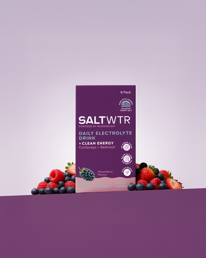 SaltWTR Mixed Berry Clean Energy SaltWTR in a sleek container with a vibrant mixed berry flavor label.