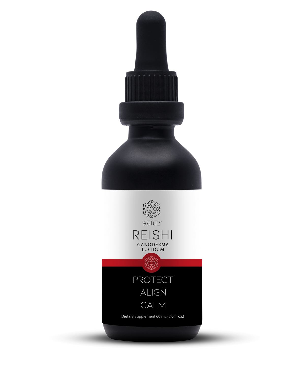 Saluz.io Reishi mushroom tincture label showing calming supplement for relaxation, 2 oz. bottle with herbal extract labeling.