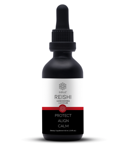 Saluz.io Reishi mushroom tincture label showing calming supplement for relaxation, 2 oz. bottle with herbal extract labeling.